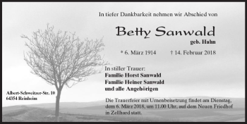 Traueranzeige von Betty Sanwald von Trauerportal Rhein Main Presse