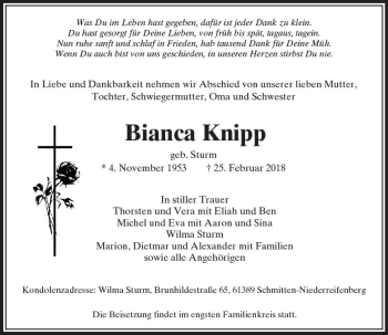 Traueranzeige von Bianca Knipp von  Usinger Anzeiger