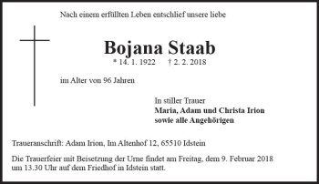 Traueranzeige von Bojana Staab von Trauerportal Rhein Main Presse