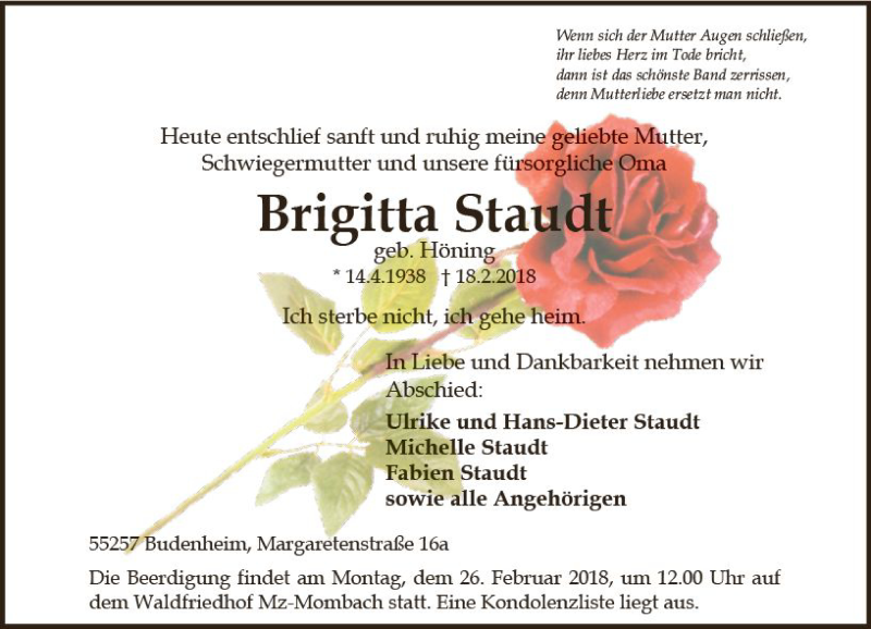  Traueranzeige für Brigitta Staudt vom 22.02.2018 aus Trauerportal Rhein Main Presse