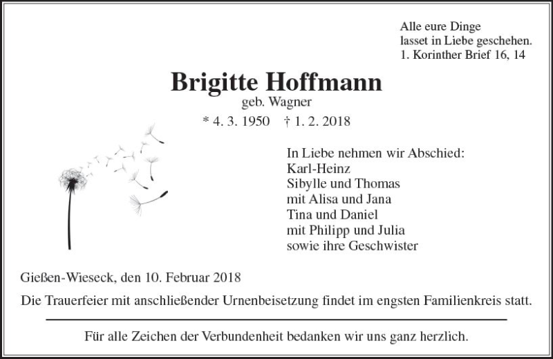  Traueranzeige für Brigitte Hoffmann vom 10.02.2018 aus  Gießener Anzeiger