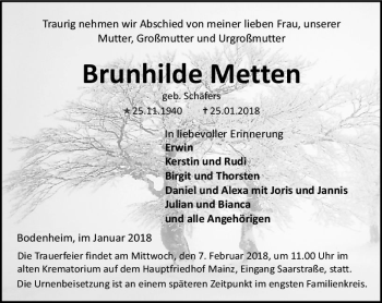 Traueranzeige von Brunhilde Metten von Trauerportal Rhein Main Presse