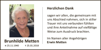 Traueranzeige von Brunhilde Metten von Trauerportal Rhein Main Presse