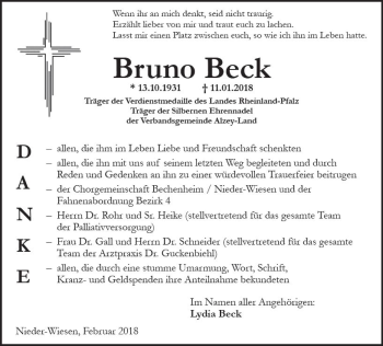 Traueranzeige von Bruno Beck von Trauerportal Rhein Main Presse