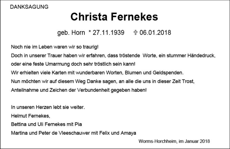  Traueranzeige für Christa Fernekes vom 03.02.2018 aus Trauerportal Rhein Main Presse