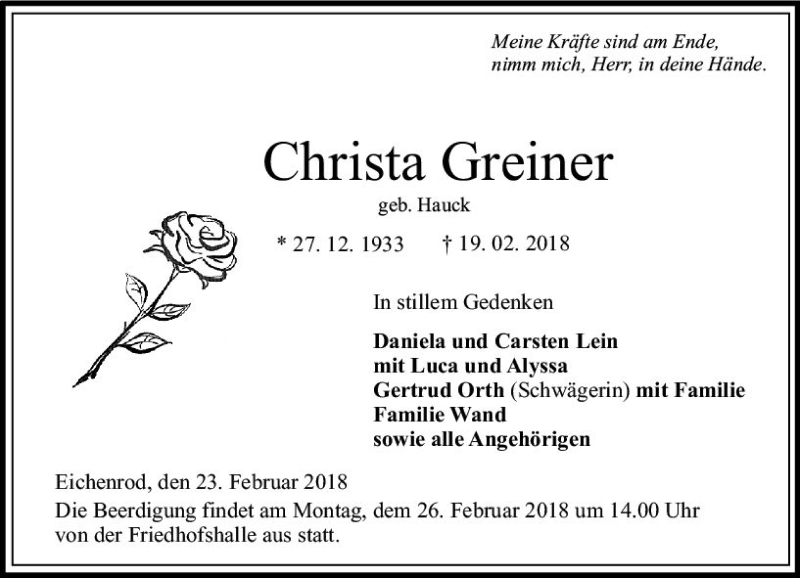  Traueranzeige für Christa Greiner vom 23.02.2018 aus VRM Trauer