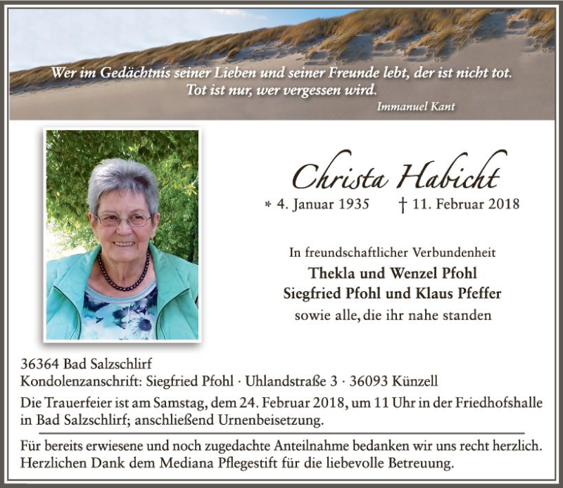  Traueranzeige für Christa Habicht vom 21.02.2018 aus VRM Trauer