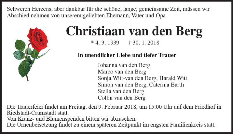  Traueranzeige für Christiaan van den Berg vom 03.02.2018 aus Trauerportal Rhein Main Presse
