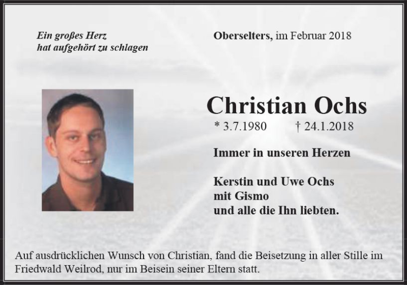  Traueranzeige für Christian Ochs vom 08.02.2018 aus  Camberger Anzeiger