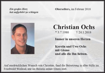 Traueranzeige von Christian Ochs von  Camberger Anzeiger