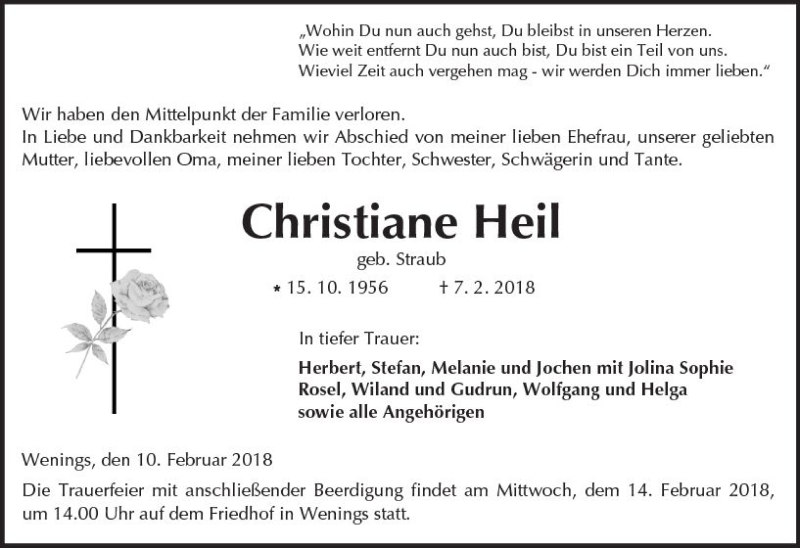  Traueranzeige für Christiane Heil vom 10.02.2018 aus  Kreisanzeiger