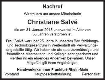 Traueranzeige von Christiane Salvé von Trauerportal Rhein Main Presse