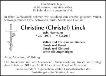 Traueranzeige von Christine Linck von Trauerportal Rhein Main Presse