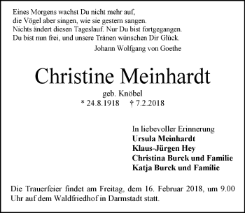 Traueranzeige von Christine Meinhardt von Trauerportal Rhein Main Presse
