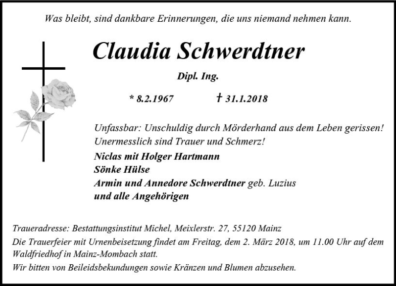  Traueranzeige für Claudia Schwerdtner vom 17.02.2018 aus Trauerportal Rhein Main Presse