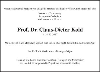 Traueranzeige von Claus-Dieter Kohl von  Gießener Anzeiger