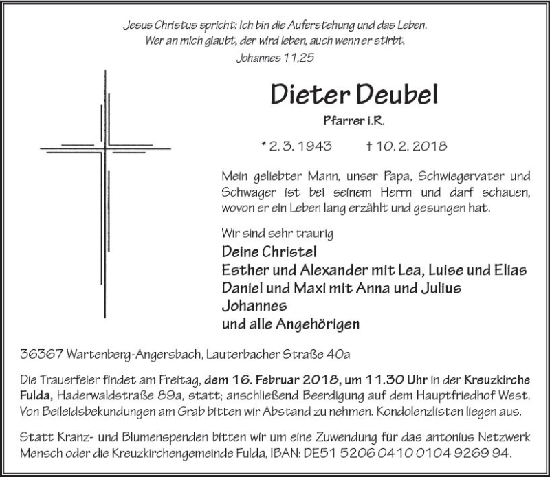  Traueranzeige für Dieter Deubel vom 14.02.2018 aus VRM Trauer