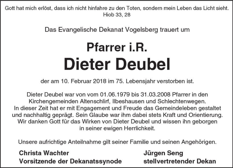  Traueranzeige für Dieter Deubel vom 17.02.2018 aus VRM Trauer