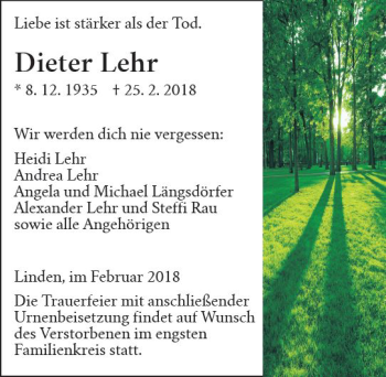 Traueranzeige von Dieter Lehr von  Gießener Anzeiger