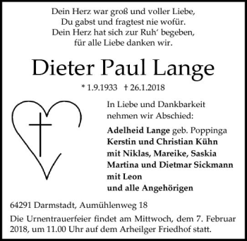 Traueranzeige von Dieter Paul Lange von Trauerportal Rhein Main Presse