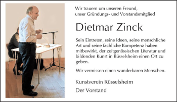 Traueranzeige von Dietmar Zinck von Trauerportal Rhein Main Presse