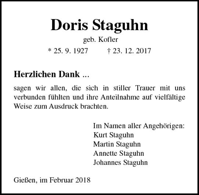  Traueranzeige für Doris Staguhn vom 10.02.2018 aus  Gießener Anzeiger