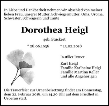 Traueranzeige von Dorothea Heigl von Trauerportal Rhein Main Presse