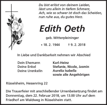 Traueranzeige von Edith Oeth von Trauerportal Rhein Main Presse