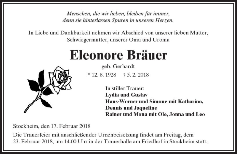 Traueranzeige für Eleonore Bräuer vom 17.02.2018 aus  Kreisanzeiger