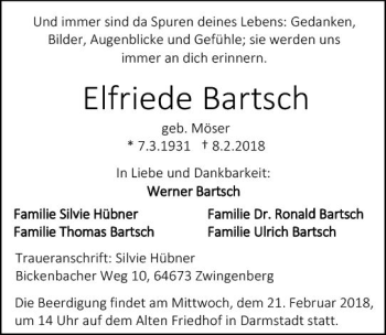 Traueranzeige von Elfriede Bartsch von Trauerportal Rhein Main Presse