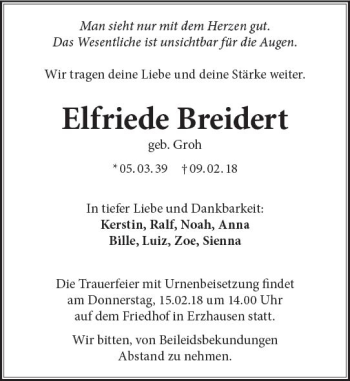 Traueranzeige von Elfriede Breidert von Trauerportal Rhein Main Presse