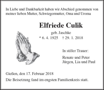 Traueranzeige von Elfriede Culik von  Gießener Anzeiger