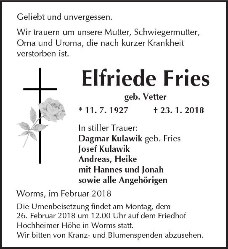  Traueranzeige für Elfriede Fries vom 24.02.2018 aus Trauerportal Rhein Main Presse