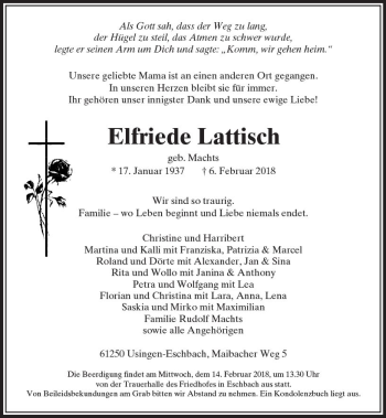 Traueranzeige von Elfriede Lattisch von  Usinger Anzeiger