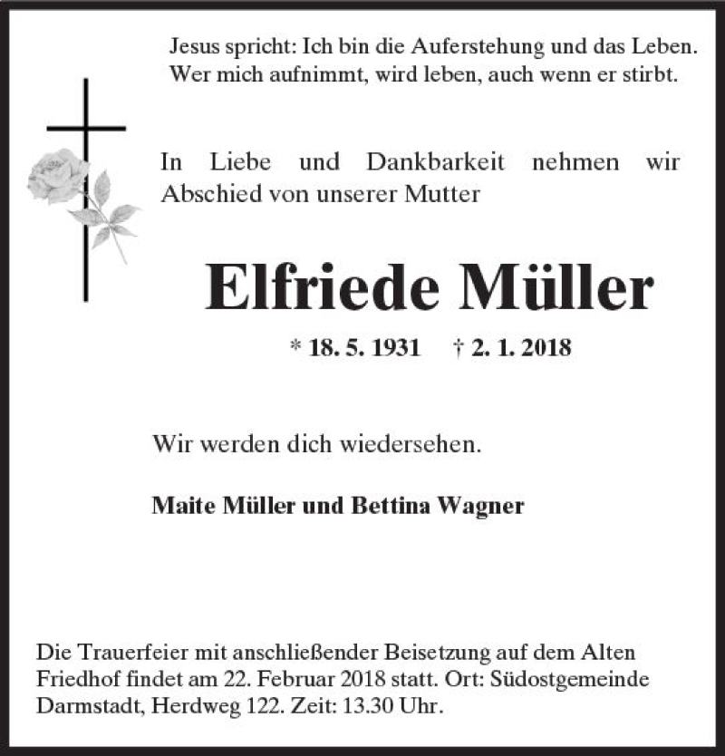 Traueranzeige für Elfriede Müller vom 19.02.2018 aus Trauerportal Rhein Main Presse