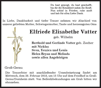 Traueranzeige von Elfriede Elisabethe Vatter von Trauerportal Rhein Main Presse