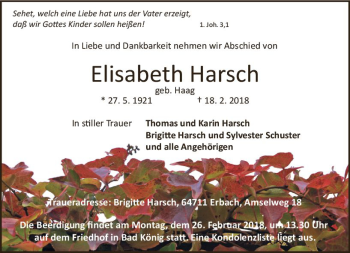 Traueranzeige von Elisabeth Harsch von Trauerportal Rhein Main Presse