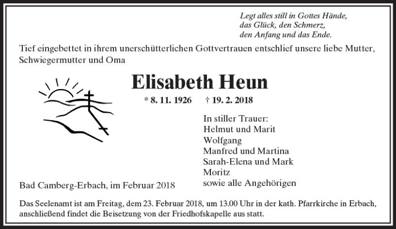  Traueranzeige für Elisabeth Heun vom 22.02.2018 aus  Camberger Anzeiger