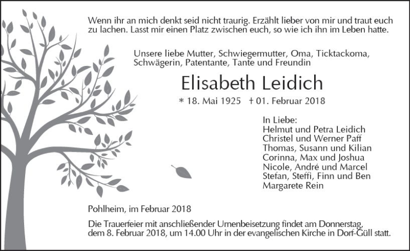  Traueranzeige für Elisabeth Leidich vom 07.02.2018 aus  Gießener Anzeiger