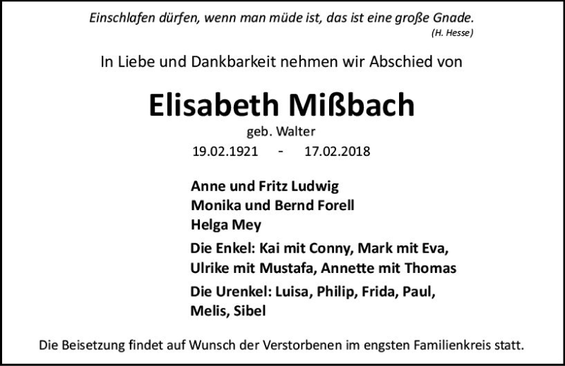  Traueranzeige für Elisabeth Mißbach vom 24.02.2018 aus Trauerportal Rhein Main Presse