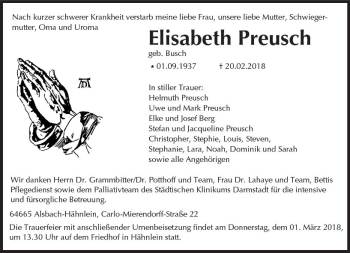 Traueranzeige von Elisabeth Preusch von Trauerportal Rhein Main Presse