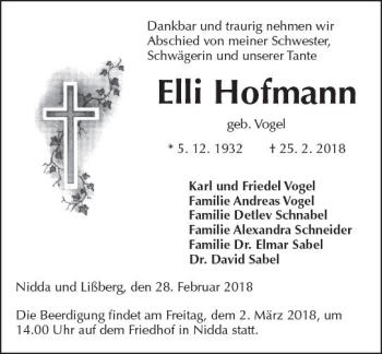 Traueranzeige von Elli Hofmann von  Kreisanzeiger