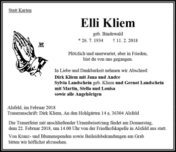 Traueranzeige von Elli Kliem von VRM Trauer