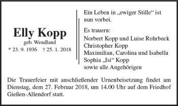 Traueranzeige von Elly Kopp von  Gießener Anzeiger