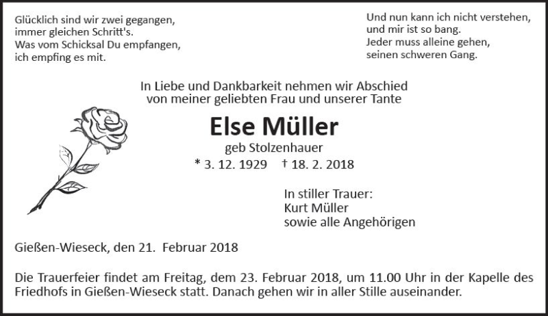  Traueranzeige für Else Müller vom 21.02.2018 aus  Gießener Anzeiger