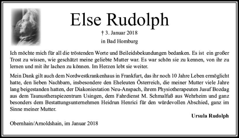 Traueranzeige für Else Rudolph vom 03.02.2018 aus  Usinger Anzeiger