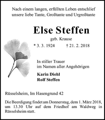 Traueranzeige von Else Steffen von Trauerportal Rhein Main Presse