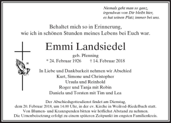 Traueranzeige von Emmi Landsiedel von  Usinger Anzeiger