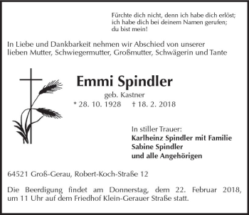 Traueranzeige von Emmi Spindler von Trauerportal Rhein Main Presse