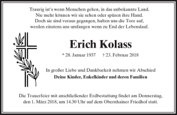 Traueranzeige von Erich Kolass von  Usinger Anzeiger